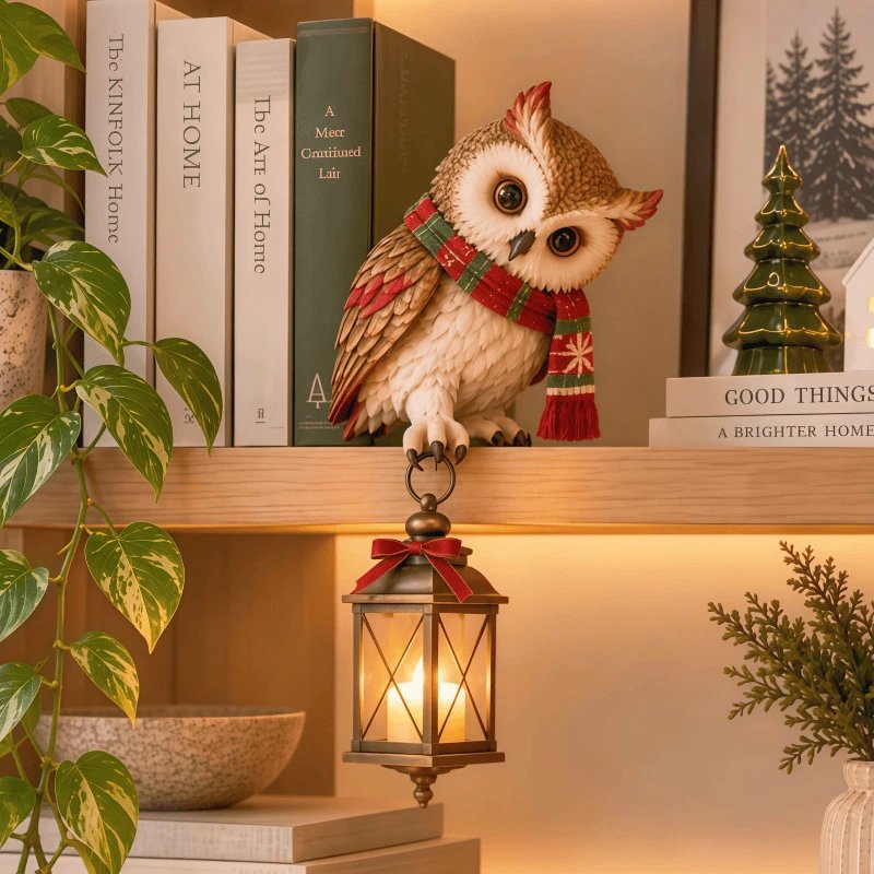 Christmas Owl Lantern Figurine Christmas Owl Hanging Lamp Resin Ornament | Christmas Decor