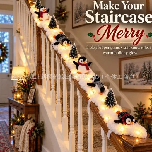 Christmas Penguin Staircase Handrail Decor With Lights Snow Scene Penguin Staircase Garland Ornament | Christmas Decor