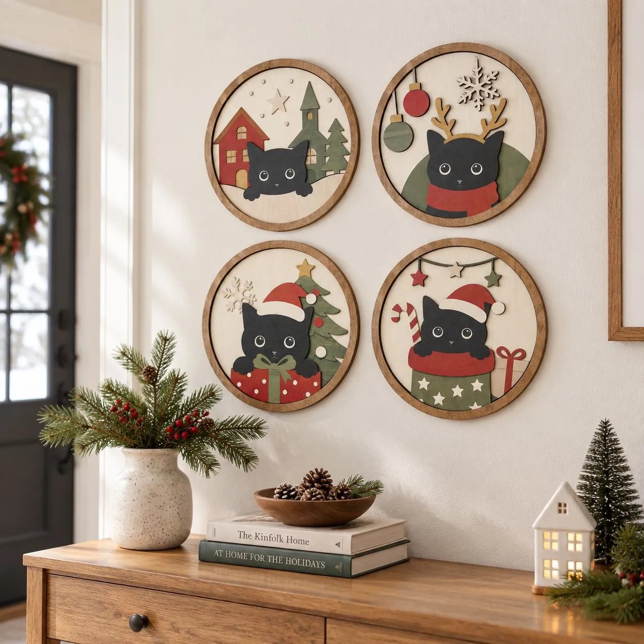 Christmas Cartoon Black Cat Double-layer Wooden Disc Pendant Festive Atmosphere Wall Decor Gift | Christmas Decor