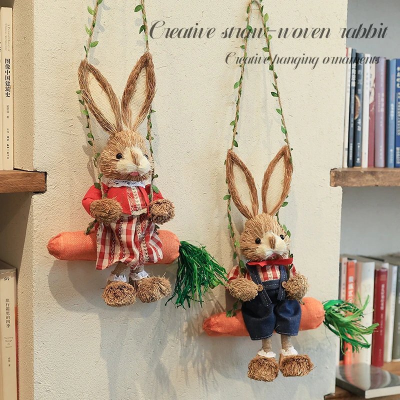 Creative Straw Swing Rabbit Wall Decor Pendant Coffee Cake Shop Living Room Environmental Creation