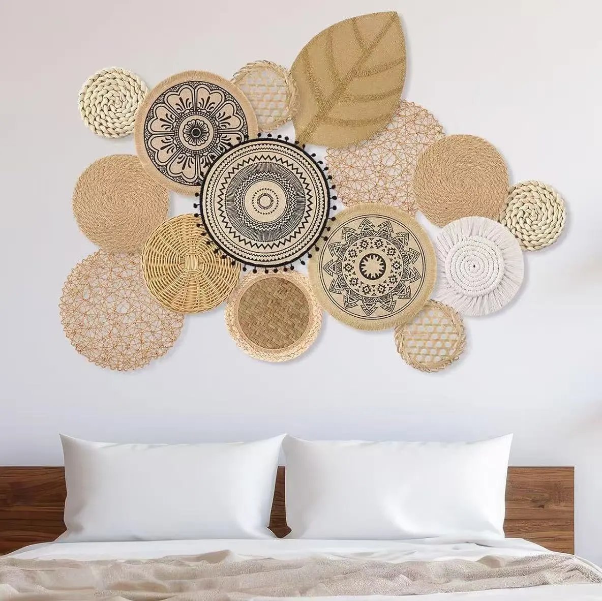 15 Pieces Bohemian Wall Decor Brown Braided Rattan Seagrass Decor Hanging Rustic Farmhouse Western Wall Decor