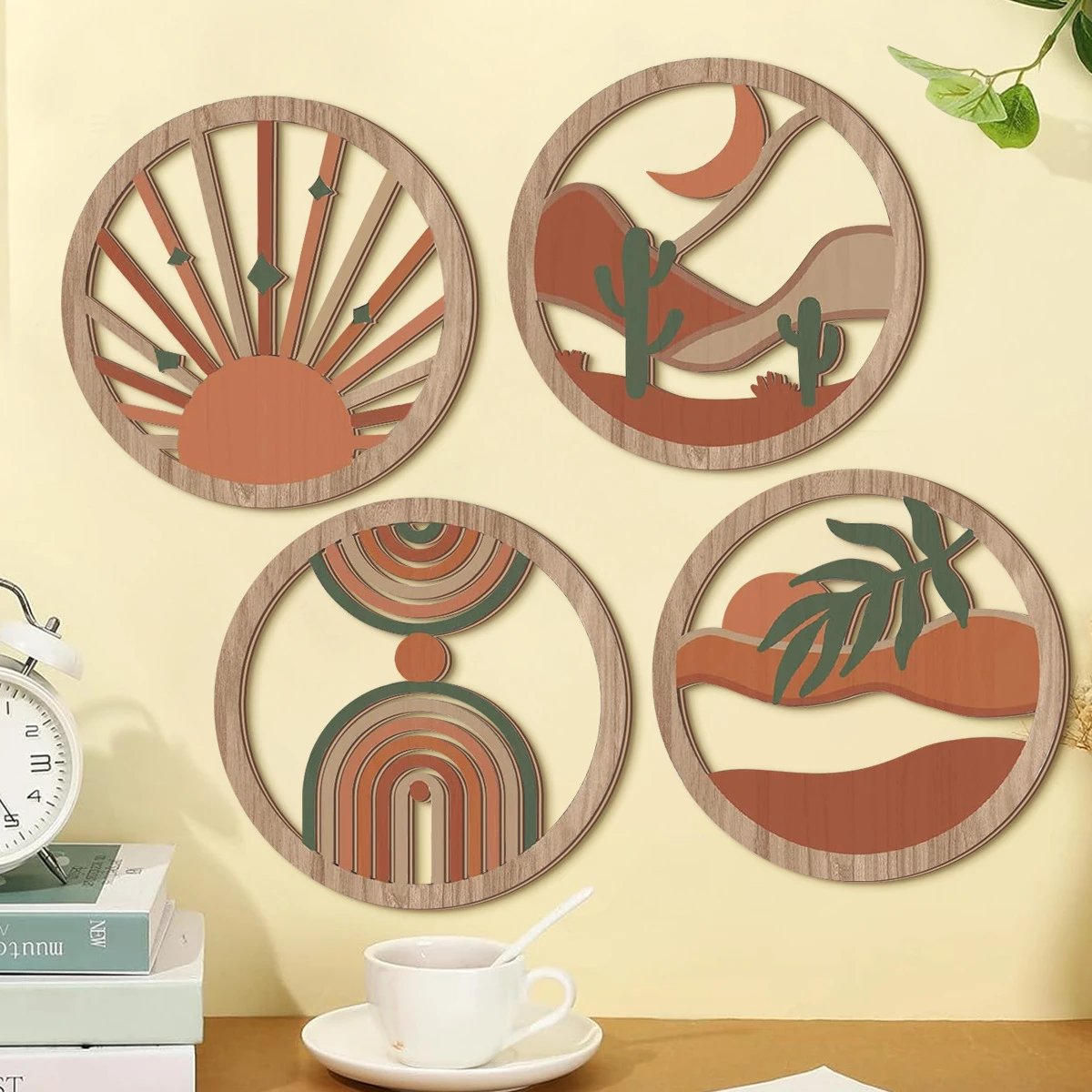 Four-piece Set Of Wooden Wall Hanging Boho Style Wall Decor Painting Plant Leaves Living Room Wall Decor
