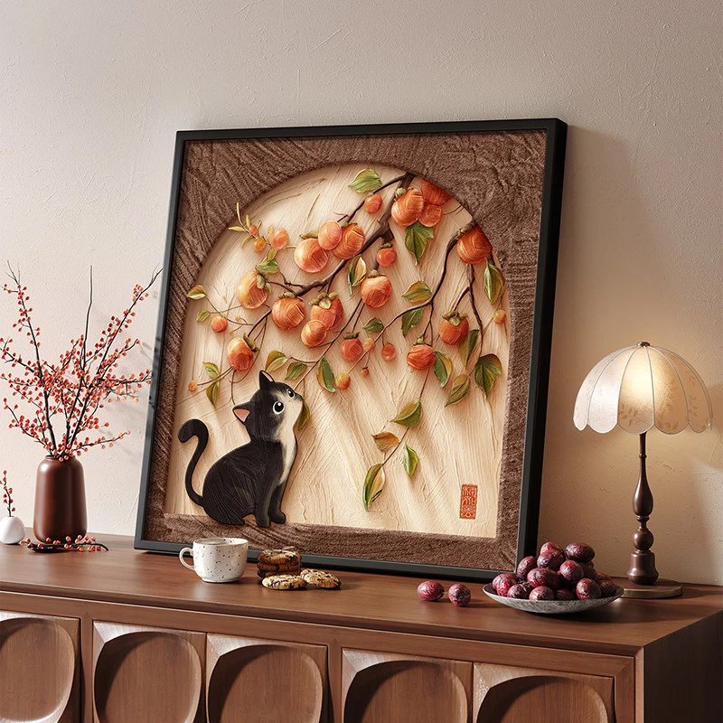 Shishi Ruyi Chinese Antique Style Tv Cabinet Decor Painting Retro Cute Cat Table Top Painting Cupboard | Wall Decor