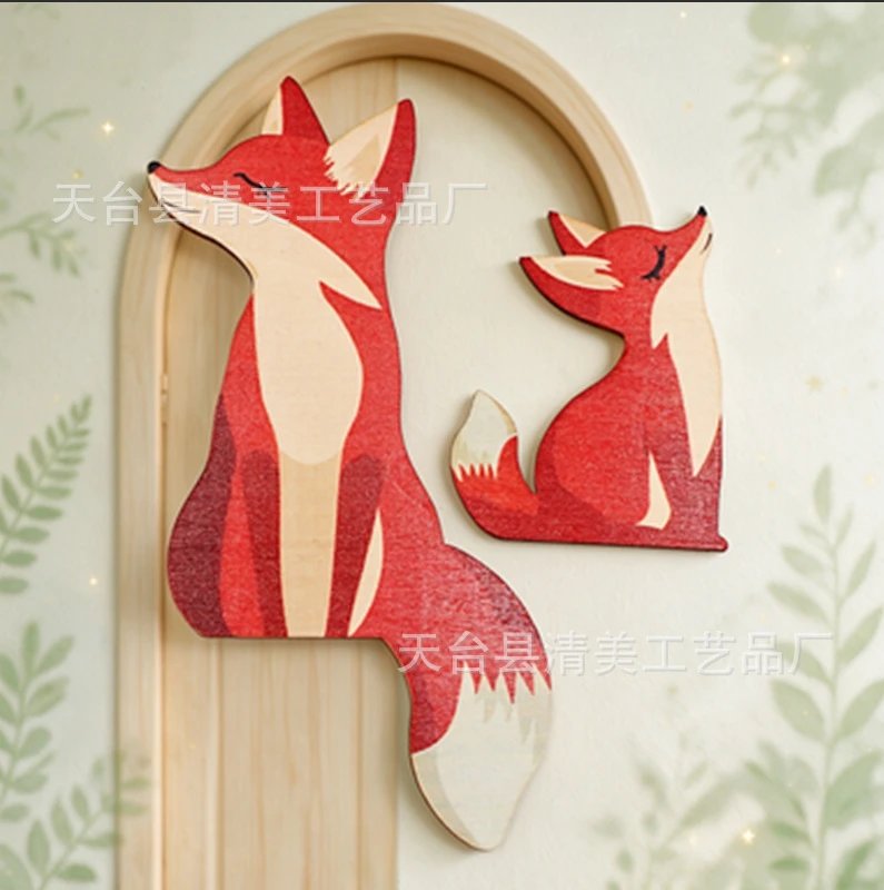 Hot Style Fox Mother And Son Wooden Decorative Craft Door Frame Decor Little Fox Forest Style Wooden Decorative Wall Decor