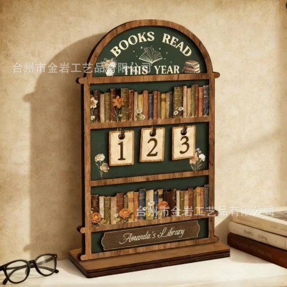 Wooden Reading Challenge Display Stand Wooden Mini Retro Books Reading Tracker Counter Ornament | Decorative Figurine