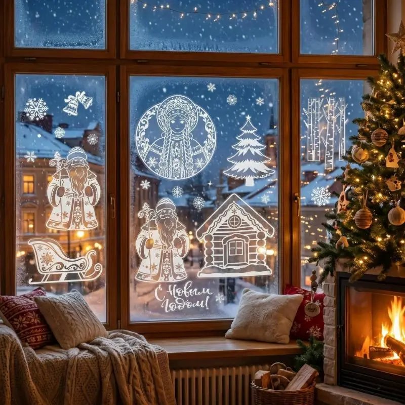 Ozon Russian Christmas And Year Window Stickers Snow Girl Cold Old Man Traceless Christmas Static | Christmas Decor