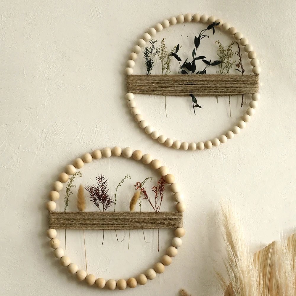 Wood Beads And Hemp Rope Woven Round Wall Pendant Simple Home Bedroom Decor Wholesale | Wall Decor