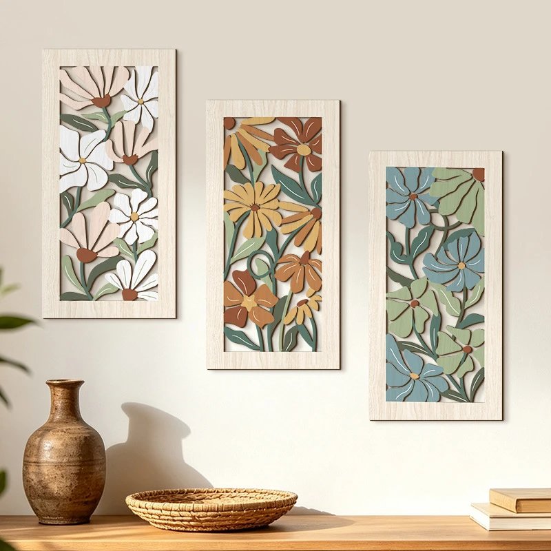 Bohemian Flowers Hollow Wooden Hanging Sign Retro Art Flower Wall Hanging Living Room Wall Decor