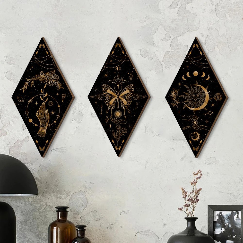 Gothic Countryside Bohemian Wall Decor Wooden Sign Sun Moon Wall Decor Pendant Diamond Wooden Sign | Home Decor