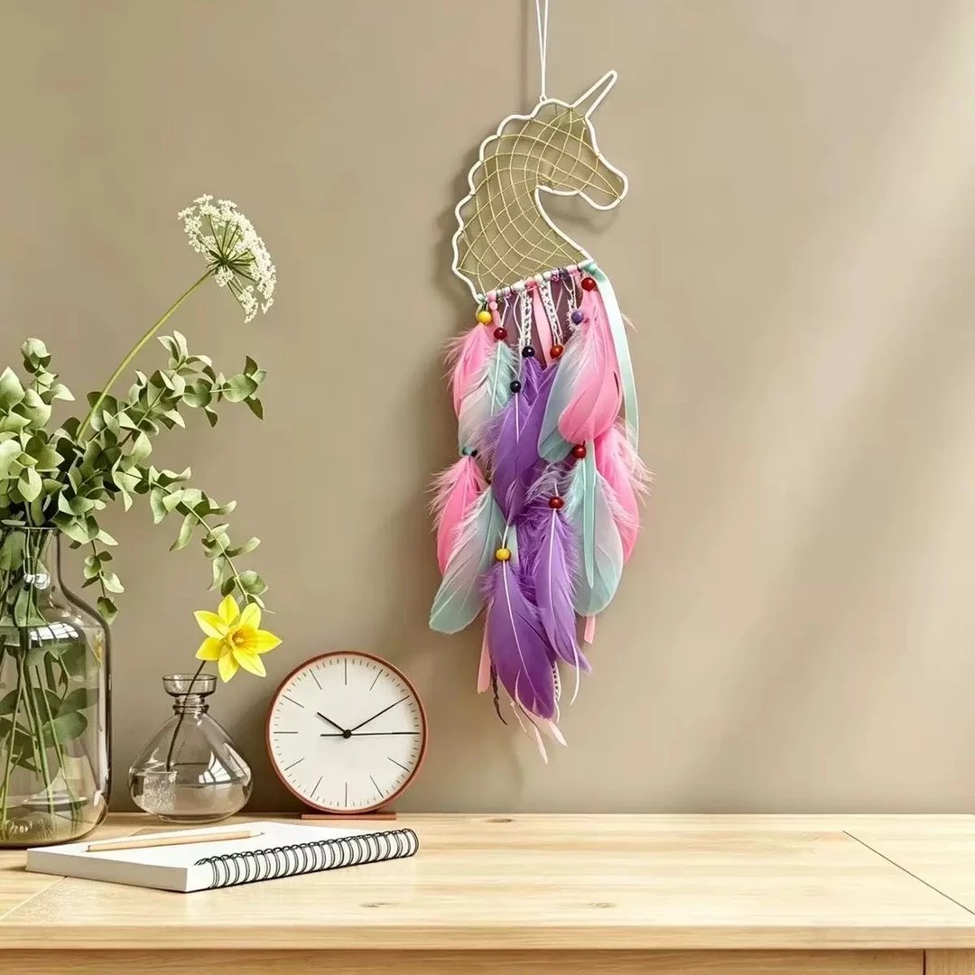 Unicorn Dream Catcher Hanging Girly Heart Macaron Feather Wind Chime Bedroom Bedside Wall Decor Pendant