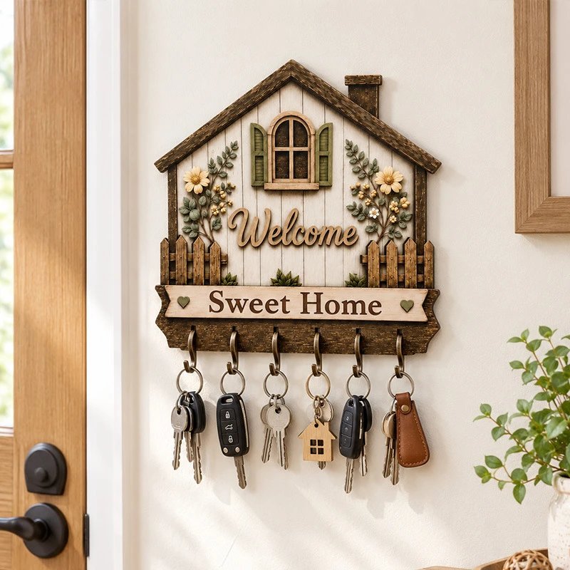 Welcome Home Wall Decor Wooden Key Rack Wall Decor Key Storage Wood Art Wall Hanging
