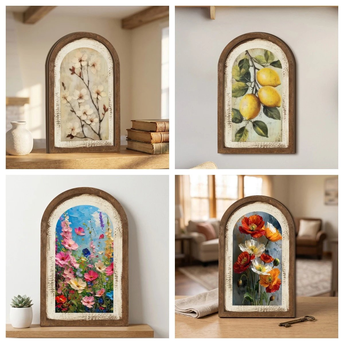 Retro Wooden Arch Decorative Painting Ornament American Country Style Old Hanging Signs Home Art Flower | Decorative Figurine