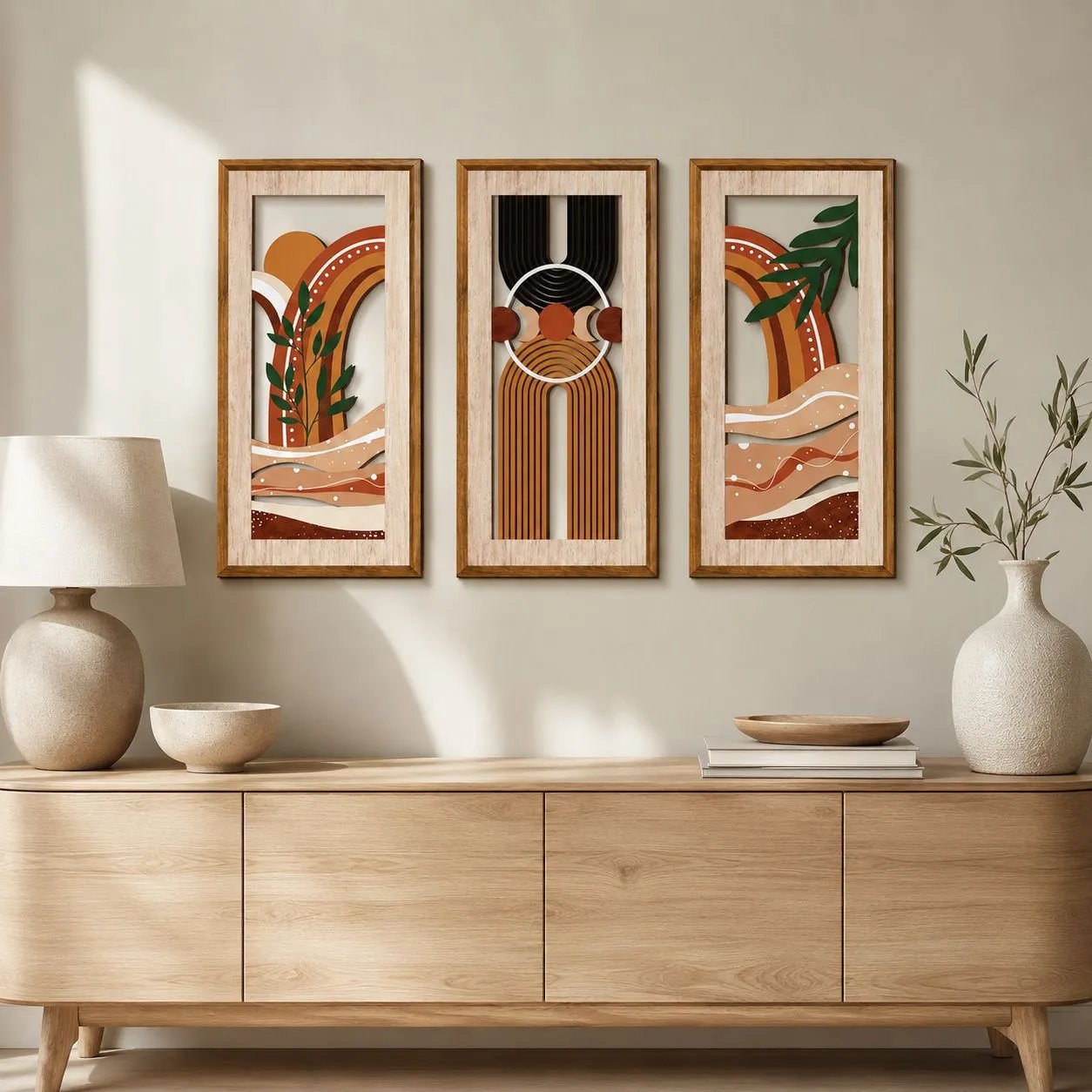 Etsy Warm Brown Earth Color Arch Sun And Moon Green Plants Triple Wooden Hanging Painting Wall Decor Painting
