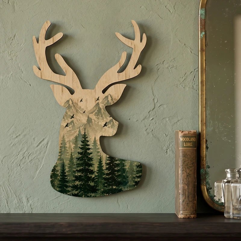 Christmas Wooden Home Animal Ornament Elk Shape Wall Hanging Wall Decor Snow Mountain Forest Wood Art | Christmas Decor