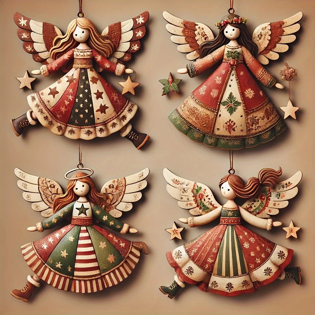 Christmas Wooden Flat Creative Retro Angel Doll Pendant Christmas Tree Pendant Supplies | Christmas Decor